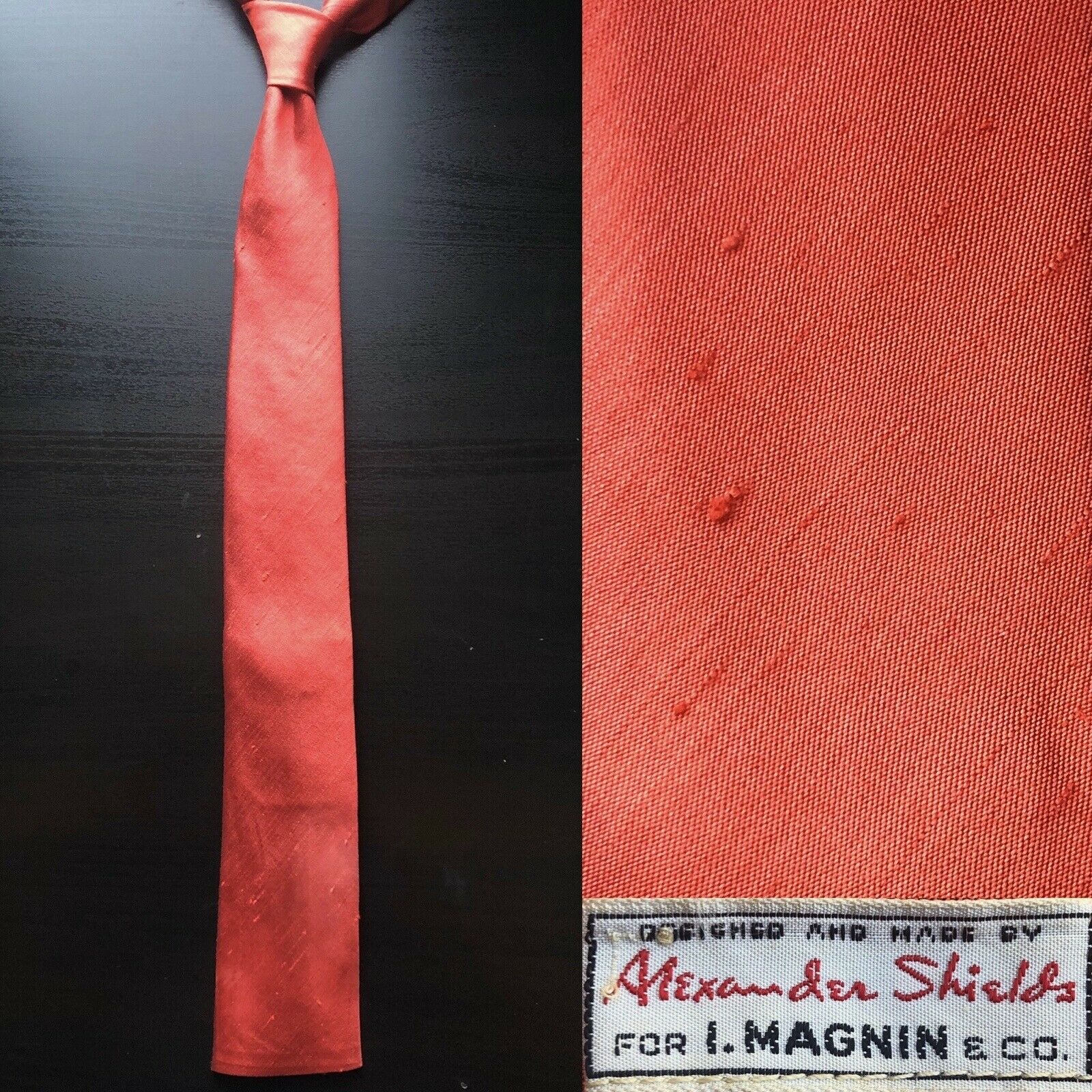 Alexander Shields I. Magnin Red Orange Raw Silk Tie Euc Vtg Ivy Mod 1950s 1960s